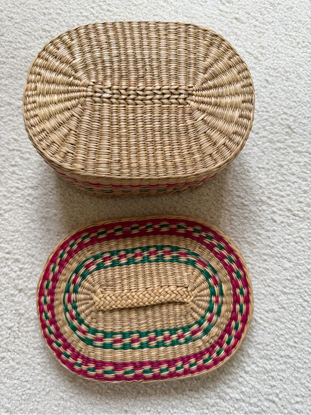 Handwoven Natural Straw Basket with Pink & Green Accents